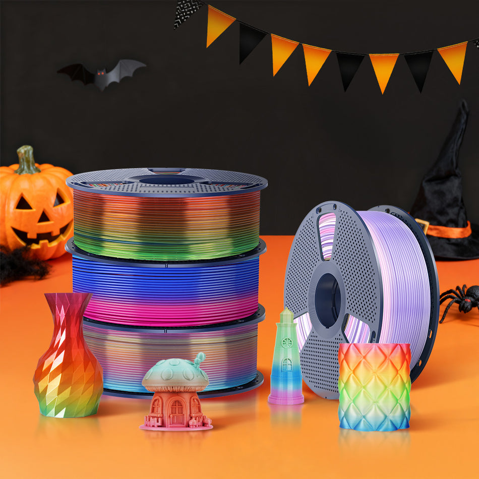 [Offerta Speciale Halloween MOQ: 3KG] Filamento per stampante 3D SILK Rainbow aggiornato (lunghezza di cambio colore 8 metri) 1 kg